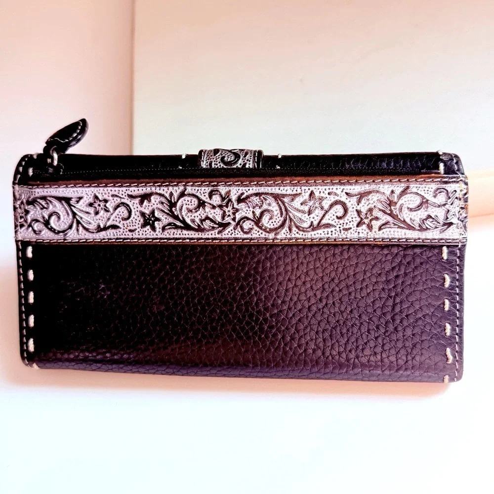 Brighton Leather Tooled Beaded Snap Wallet Organizer Crossbody Bag